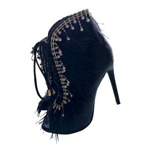Feather Rhinestone Sexy Lace Heels Jubilee Ankle Bootie Black Peep Toe Pearl 7.5